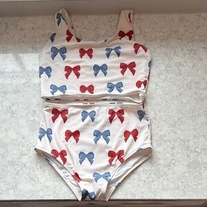Charming Bow Print Kids Bikini Set in Red and Blue